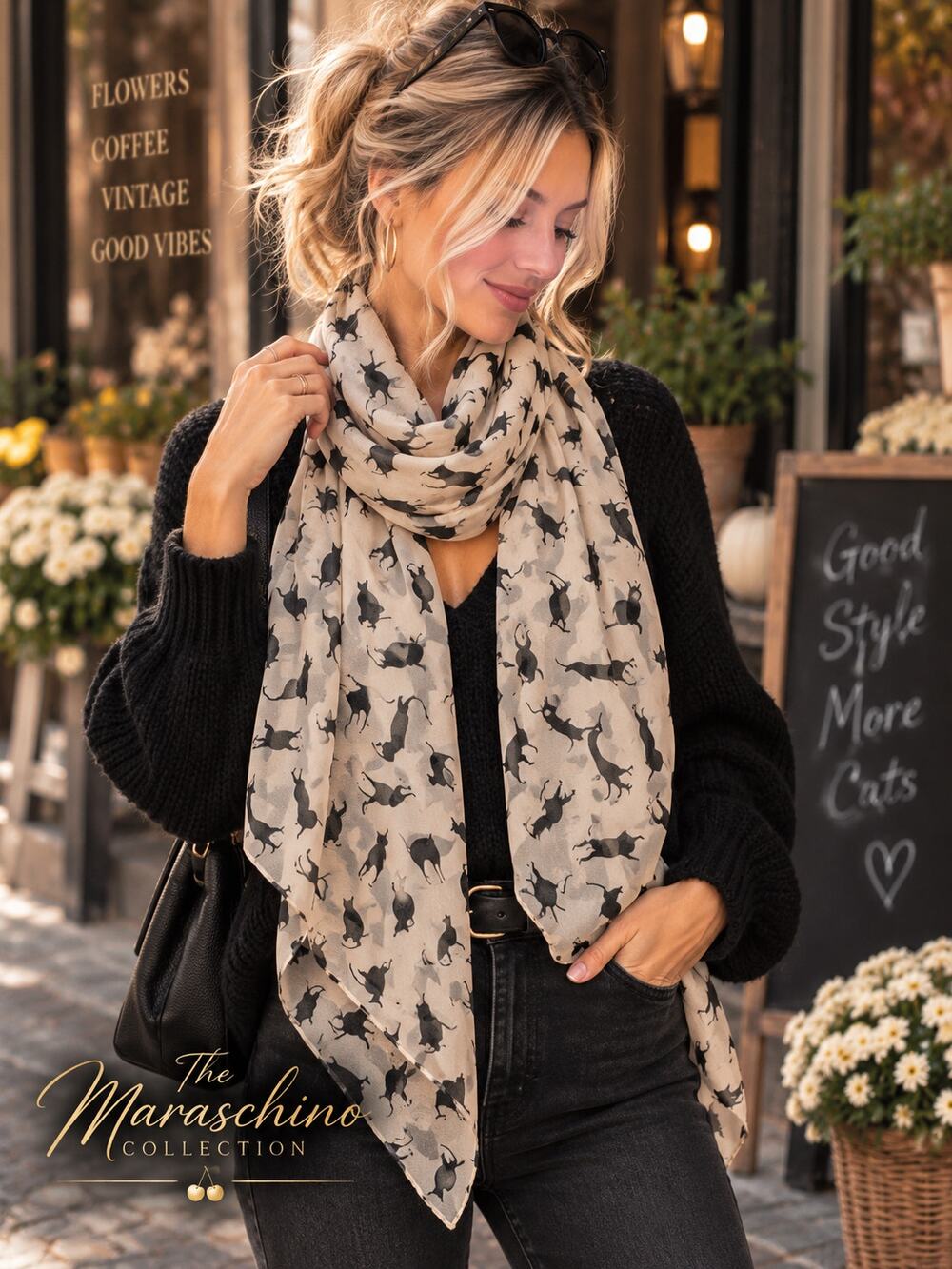 Beige Black Cat Print Chiffon Scarf Whimsical Witchy Cat Lover 26x59